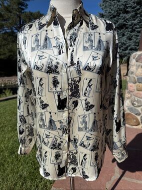ISHYU  Silk Cream Button-Down Shirt with Black & Blue Fashion Sketch Print